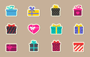 Gift box color flat stickers. Gift paper sticker icon set isolated on white background. Gift box vector illustrations for web, mobile apps, ui design and print. Holiday shopping business concept