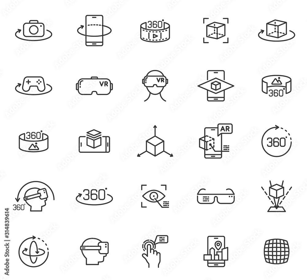 Fototapete virtual and augmented reality outline vector icons isolated on white background. ar and vr line icon