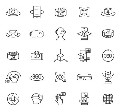 Virtual and augmented reality outline vector icons isolated on white background. AR and VR line icon set for web design, mobile apps, ui design and print. Futuristic technology concept