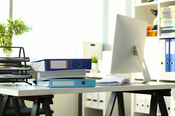 Empty workplace in office closeup or head hunter profession modern solution vacation season real estate premises lease coworking concept
