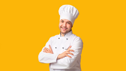Professional Cook Guy Smiling Posing Crossing Hands In Studio, Panorama