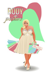 Body positive plus size blonde  girl with shopping bags, vector illustration