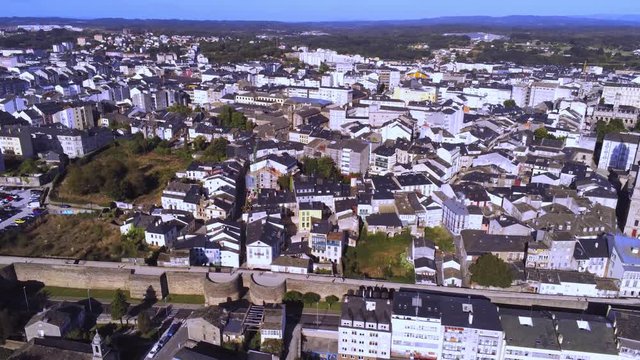 Aerial View Of Lugo Walled City Galicia Spain. Drone Video