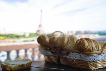 Fresh pastries on the table. French flavored croissant.