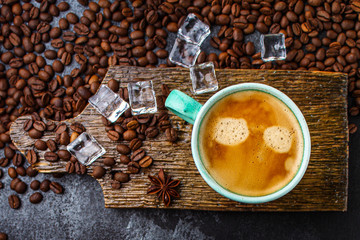 coffee drink and coffee grain (beverage, delicious hot drink). top view. copy space