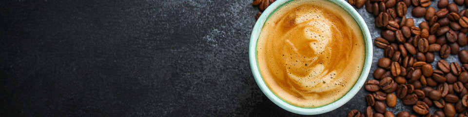 coffee drink and coffee grain (beverage, delicious hot drink). top view. copy space