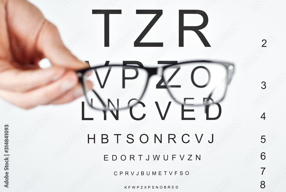 Wall mural Glasses on a white background. Background with letters for vision test. The glasses are blurred. Sharpness on the text.