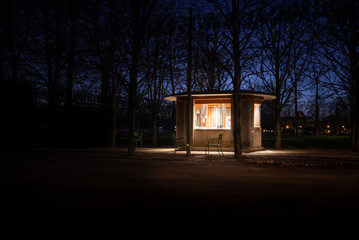 Early morning winter shot of a guard kiosk, Tuileries public garden, Paris, France