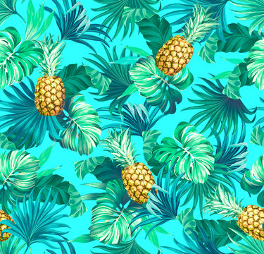 seamless pattern Exotic tropical leaves and pineapple artwork for fabrics, souvenirs, packaging, greeting cards and scrapbooking, textile