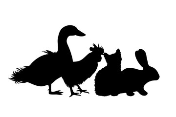 Vector silhouette of farm animals on white background. Symbol of farm pets stay together.