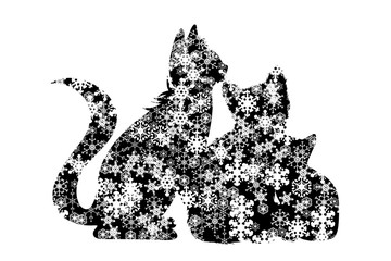 Vector silhouette of snowy cats on white background. Symbol of kitty in winter with snowflakes.