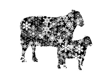 Vector silhouette of snowy sheep family on white background. Symbol of mother and baby in winter with snowflakes stay together.