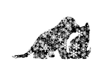 Vector silhouette of puppy with kitty on white background. Symbol of pets animals in winter with snowflakes.