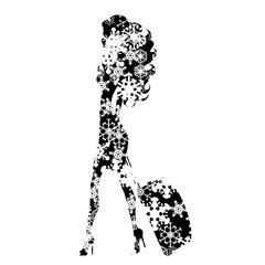 Vector silhouette of snowy traveling woman on white background. Symbol of girl in winter with snowflakes.