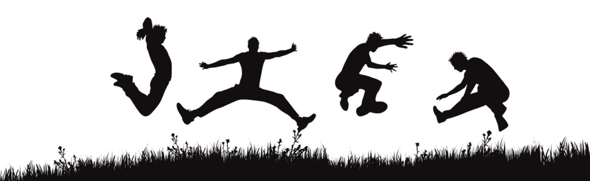 Vector silhouette of jumping people on white background. Symbol of happy boys on the meadow.