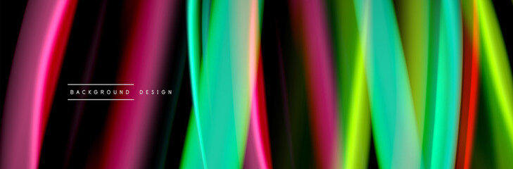 Silk and smooth flow wave poster design. Color waves, liquid style lines and shapes in black color background