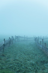 Fototapeta na wymiar Foggy rural landscape with wooden fence.