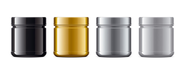 Set of plastic Jars. Metalized surface version. Gold, Silver, Grey, Black colors.