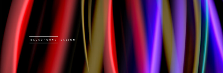 Silk and smooth flow wave poster design. Color waves, liquid style lines and shapes in black color background