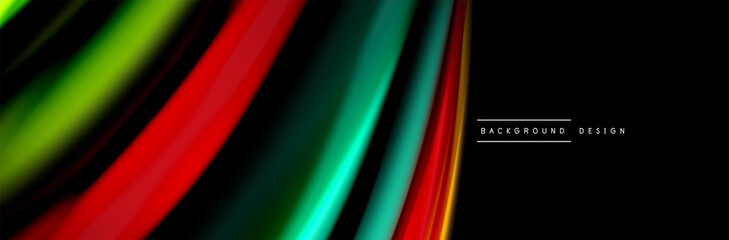 Silk and smooth flow wave poster design. Color waves, liquid style lines and shapes in black color background