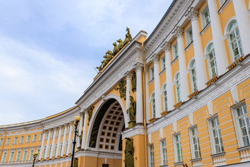 Triumphal arch of the General Staff Building on Palace Square in St. Petersburg, Russia