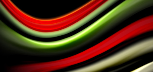 Abstract silk smooth lines on black, multicolored liquid fluid rainbow style waves on black