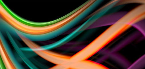 Abstract silk smooth lines on black, multicolored liquid fluid rainbow style waves on black