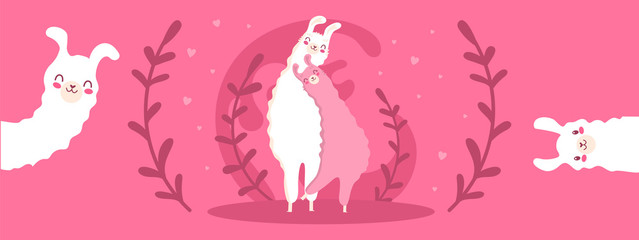 Valentine followed by banner and poster. Llama in love with heart and many details. © Artamstera