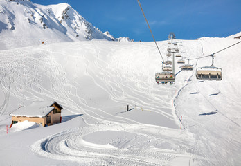 Fresh snow slopes  in winter resort Davos, Switzerland.