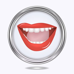White, beautiful teeth - open mouth, red lips, tongue - round metal icon - isolated on white background - vector. International Dentist Day. Happy Dentist Day.