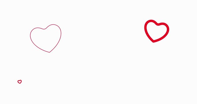 Animation - the contours of red hearts appear on a white background, increase in size and disappear, while new red hearts appear in other places on the screen. 4K