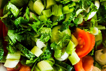 Fresh salad with tomatoes, lettuce, onion, cucumbers and parsley.