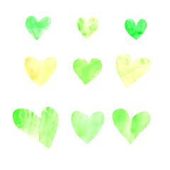 Set of watercolor hearts. Perfect for creating romantic postcards and Valentines Day decor. Hand drawn. Isolated on white background
