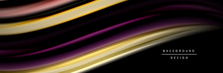 Silk and smooth flow wave poster design. Color waves, liquid style lines and shapes in black color background