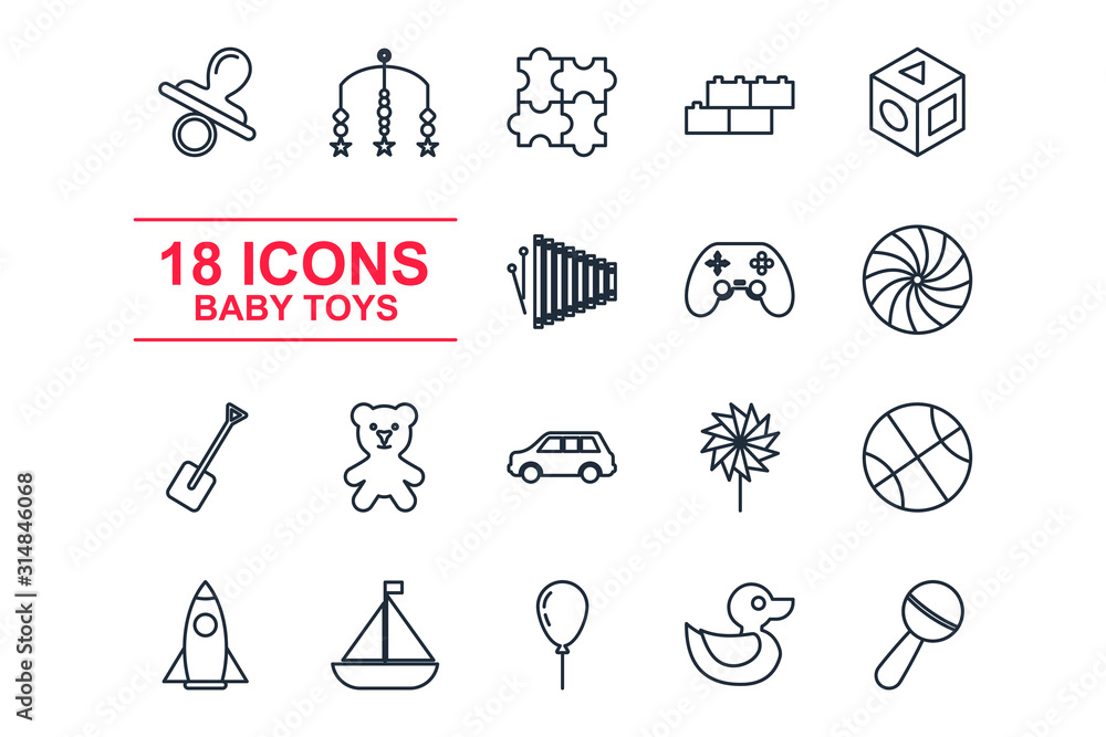 Poster set baby toys icon template color editable. feeding and care element pack symbol vector sign isolate
