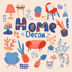 Set of home decor, a lot of cute element drawn in Scandinavian style, flat design, interior objects for textile and print.