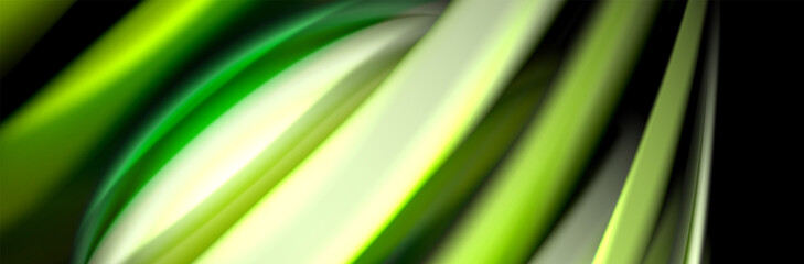 Silk and smooth flow wave poster design. Color waves, liquid style lines and shapes in black color background