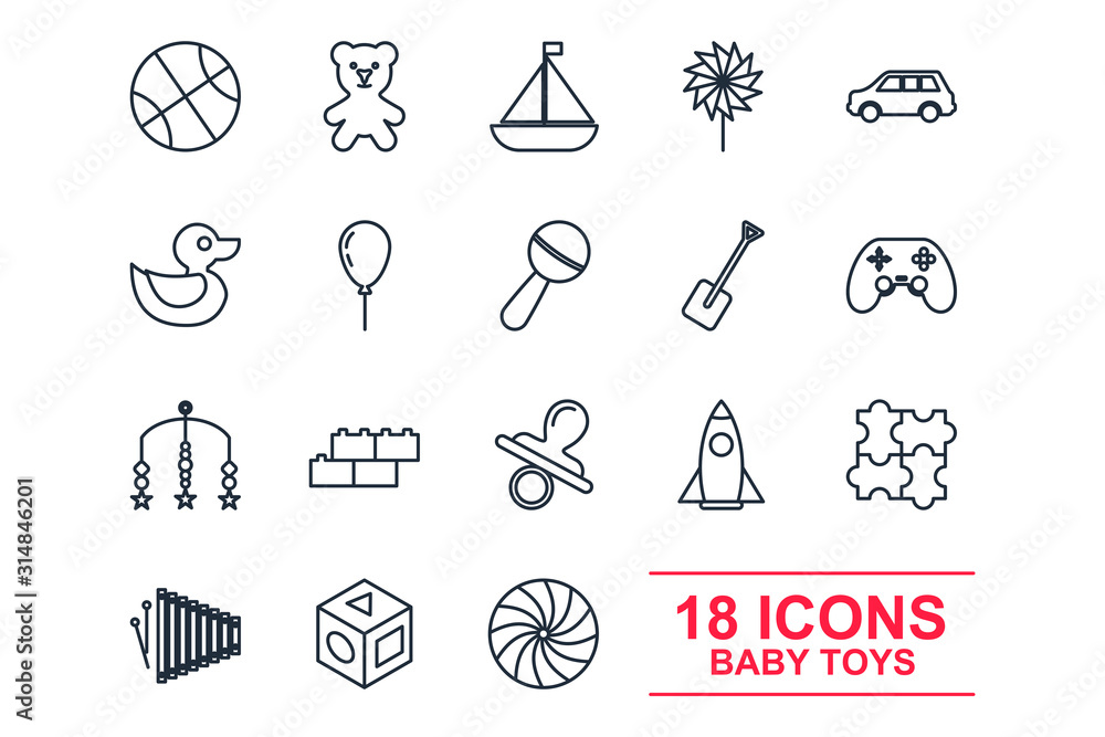 Poster set baby toys icon template color editable. feeding and care element pack symbol vector sign isolate