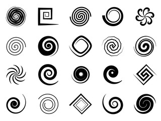 Spiral swirls. Speed circular symbol, twisted swirl elements, psychedelic hypnosis symbols, modern texture art logo vector signs - obrazy, fototapety, plakaty