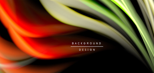 Abstract silk smooth lines on black, multicolored liquid fluid rainbow style waves on black