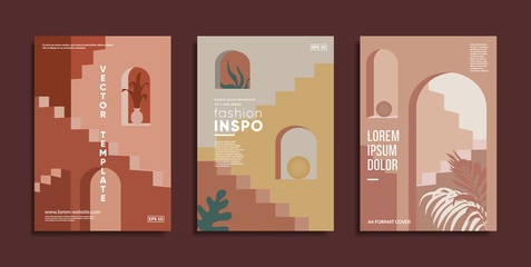 Minimal geometric covers. Staircases, archs and flowers composition.  - obrazy, fototapety, plakaty