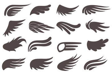 Wing icons. Different shapes of black wings, feather birds peace emblem, heraldic elements. Vintage tattoo and angel logo vector symbols