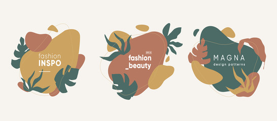 Artistic badges set. Simple shapes with floral elements composition.