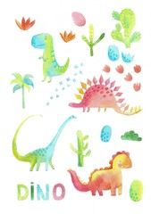 Set of cute dinosaurs in cartoon style on a white background, watercolor. Dino character, tropical florals