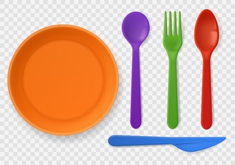Disposable plastic tableware. Realistic colorful kids cutlery. Spoon, fork and knife, picnic kitchenware. Isolated vector set