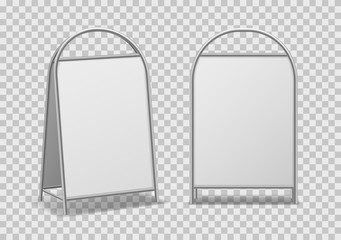 Advertising street stand. Empty announcement sandwich stands from different angles, sidewalk signs, handheld street offering board vector set