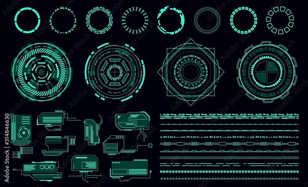 Poster hud elements. futuristic green user interface, virtual graphic control panel. game app vector collec