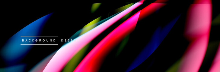 Сolorful flow poster. Wave liquid lines and shapes in black color background. Vector Illustration