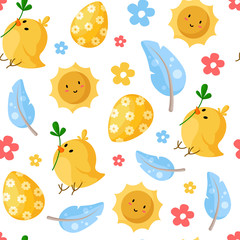 Easter Day - seamless pattern with easter eggs, chicken, feathers, smilling sun, flowers on white, holiday background or endless texture for textile, fabric, wrapping or scrapbooking paper - vector