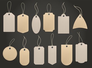 Craft hanging labels. Price brown paper tag for natural eco food grocery and shop vintage vector set